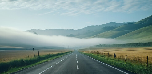 Road view in the countryside, The atmosphere is calm and invigorating.There is fog , Generative ai