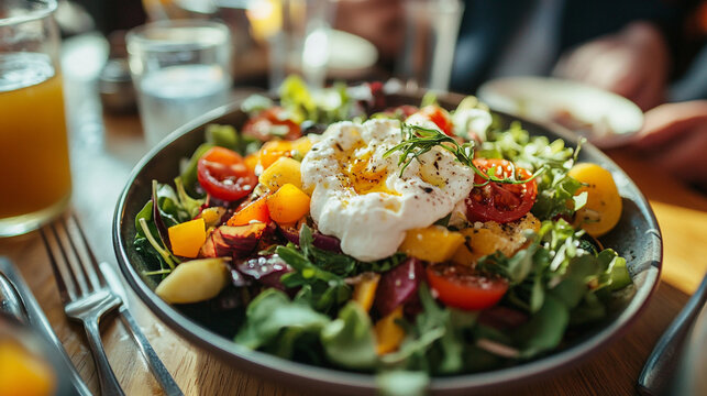 Colorful salad with fresh vegetables and creamy topping served at a bright restaurant during lunchtime