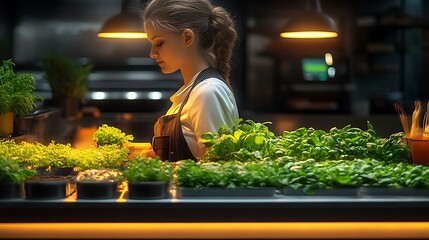 Young woman tending to herbs in a restaurant kitchen.