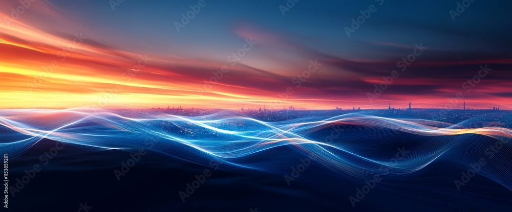Poster a vibrant sunset over an abstract ocean with flowing light patterns.