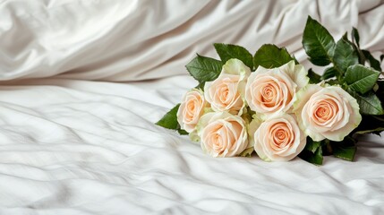 A Delicate Arrangement of Soft Peach Roses on Crumpled White Sheets, Perfect for Capture in Romantic or Elegant Wedding Themes and Floral Inspiration Projects