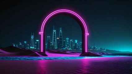 illustration of Dubai city skyline at night with bright neon colors