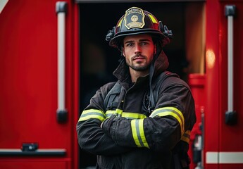 Fototapeta premium A handsome firefighter stands in front of the fire truck, arms crossed and looking at the camera with confidence.