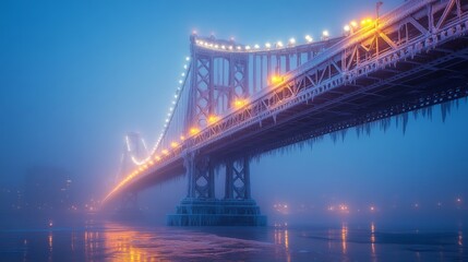 Obraz premium Illuminated bridge covered in ice on a foggy evening