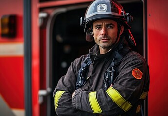 Obraz premium A handsome firefighter stands in front of the fire truck, arms crossed and looking at the camera with confidence.