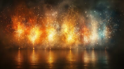 Fototapeta premium Colorful bright fireworks reflections on calm water, celebrating festival, holiday party, night sky background, vivid sparks, festive mood, orange blue hues, celebration event display, outdoor night