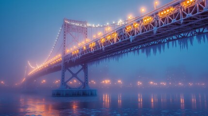 Fototapeta premium Illuminated suspension bridge in winter fog with icicles at dusk