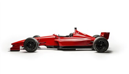 A red Formula race car with black wheels, on a white background, in a side view.