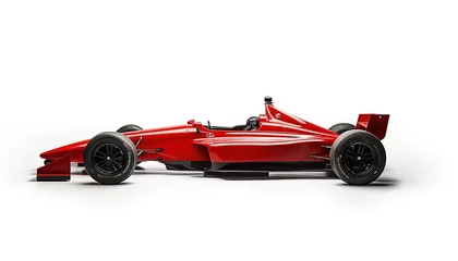 Selbstklebende Fototapeten A red Formula race car with black wheels, on a white background, in a side view. © YONG