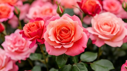 Obraz premium Vibrant Rose Garden Displaying Full Blooming Roses in Vivid Shades of Pink and Coral Surrounded by Green Leaves Providing a Joyful and Romantic Atmosphere