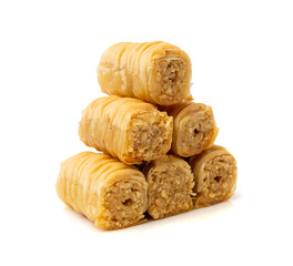 Rolled Baklava Isolated, Ramadan Dessert Roll on Restaurant Plate, Eastern Sweet Pastries