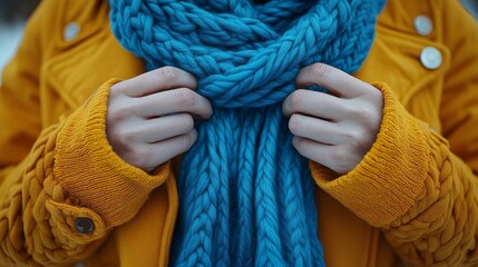 Close-up of hands adjusting blue scarf with yellow coat in winter