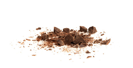Grated Chocolate Pile Isolated, Crushed Chocolate Shavings, Crumbs, Scattered Flakes, Cocoa...