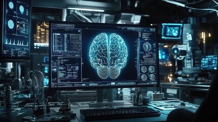 Fototapeta premium A computer monitor displays an AI brain with multiple segments, surrounded by medical equipment and digital screens in the background