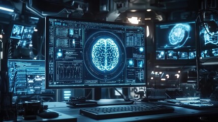 Fototapeta premium A computer monitor displays an AI brain with multiple segments, surrounded by medical equipment and digital screens in the background