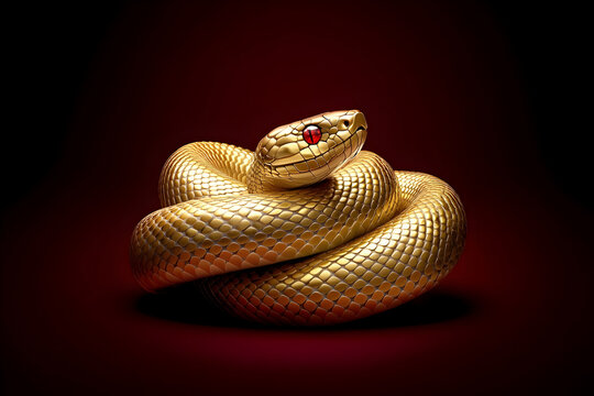 sleek golden snake coiled in circular pattern with striking red eye
