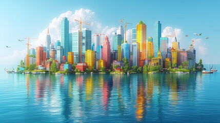 Vibrant cityscape on island, colorful buildings, construction cranes, calm water reflection, sunny sky.