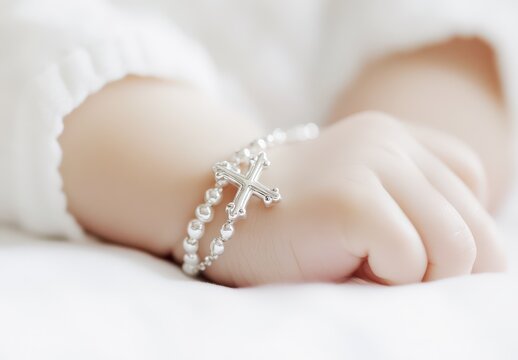 close up of a rosary bracelet in baby hands
