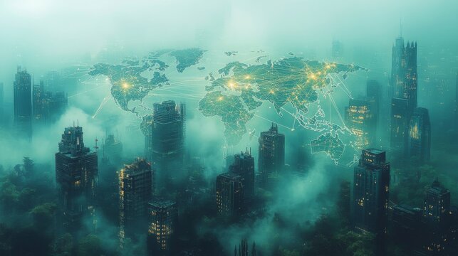 Futuristic global connectivity concept over a misty urban skyline