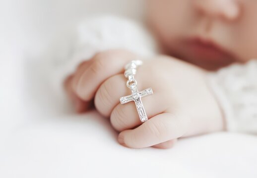 Close-up of a baby&rsquo;s hand gently holding a delicate silver cross pendant, symbolizing faith, innocence, and baptismal blessings.
