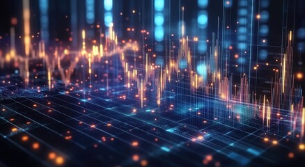 Obraz premium A digital landscape of glowing data points and graphs, representing the advanced technology behind AI financial analytics.