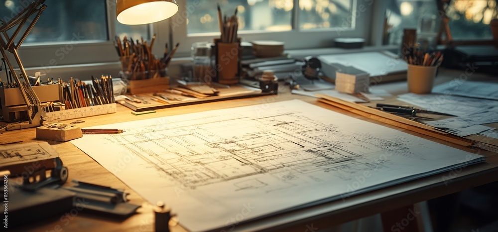 Poster a well-organized workspace with architectural blueprints and drawing tools.