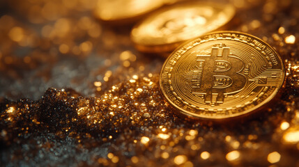Shimmering Golden Bitcoin Cryptocurrency with Depth of Field Effect