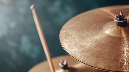 Obraz premium Close-Up View of a Shimmering Gold Cymbal with a Wooden Drumstick in a Softly Lit Background, Perfect for Music Enthusiasts and Drum Set Photography.