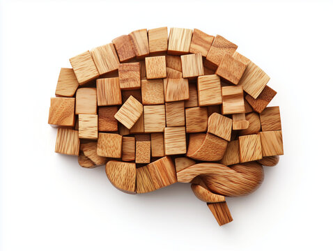 Normal brain made of wooden blocks isolated on white