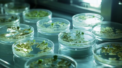 Diverse bacterial colonies and fungal cultures grown in petri dishes for microbiology studies