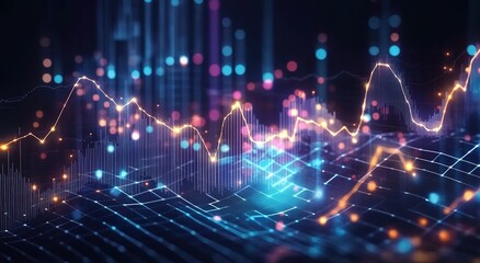 A digital landscape of glowing data points and graphs, representing the advanced technology behind AI financial analytics.