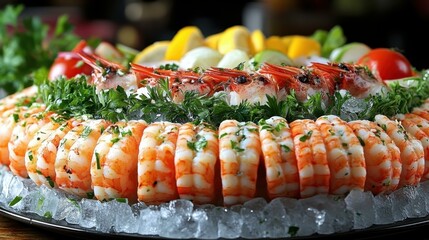 Fresh cooked shrimp platter with lemon wedges and herbs on ice served at seafood buffet, perfect for party catering, celebration, restaurant menu, vibrant colorful background festive mood