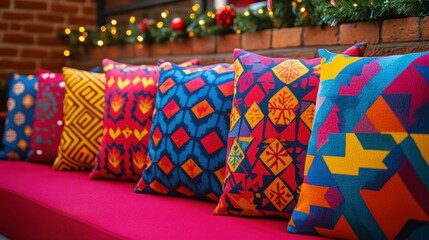 Vibrant colorful decorative cushions with geometric patterns on bright pink sofa, cozy living room interior, festive holiday decoration, warm wooden brick background, modern stylish comfort