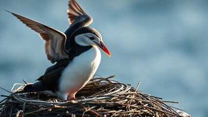 Fototapeta premium Common Guillemot Landing - Nest Preparation - AI Photorealistic