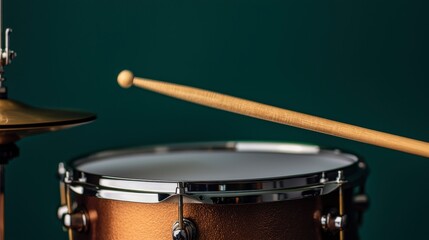 Obraz premium Close-Up of Drummer's Stick Hitting Snare Drum with Friendship Beat, Capturing the Rhythm and Energy of Live Music Performance on a Green Background