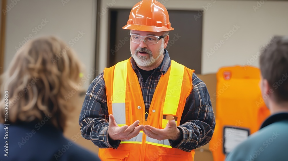Aufkleber a construction manager discusses safety protocols with team members in an indoor setting wearing pro