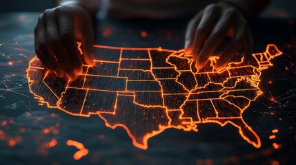 Digital hands hovering over glowing usa map representing technology and data integration