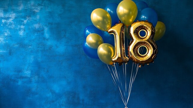 18th birthday celebration balloons with gold and blue theme on textured background