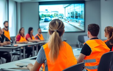 A group of professionals in fluorescent vests attending a safety training session, focused on an instructional presentation.