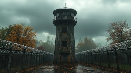 Moody autumn scene of abandoned prison watchtower amid stormy skies