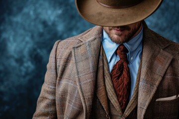 Portrait of a stylish gentleman wearing a hat, tweed suit, and knit tie, exuding confidence and sophistication