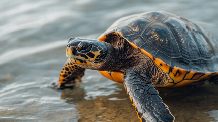 Obraz premium Beautiful sea turtle with vibrant patterned shell near the water's edge