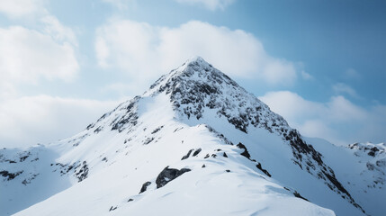 A stunning snow-covered mountain peak with rugged terrain and pristine slopes, set against a vibrant blue sky with soft white clouds
