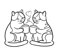 Two cats in love with cups of coffee drink, colorless, monochrome. Time for coffee, rest, friendship. A couple of animals clicking cups