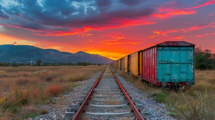 Fototapeta premium Vibrant sunset over train tracks and cargo containers in a rural landscape.