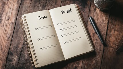 an open notebook with a "To-Do List" header and blank lines featuring checkboxes on a wooden surface, suggesting organization and planning.