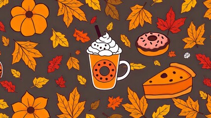 Cute Halloween Pumpkin Spice Latte Seamless Pattern with Autumn Leaves
