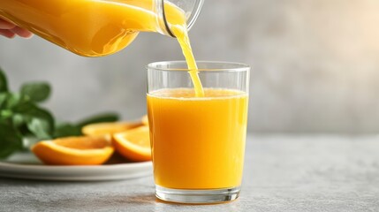 Freshly Squeezed Orange Juice Being Poured Into a Glass with Citrus Slices on a Plate, Bright and Refreshing Morning Beverage Setup