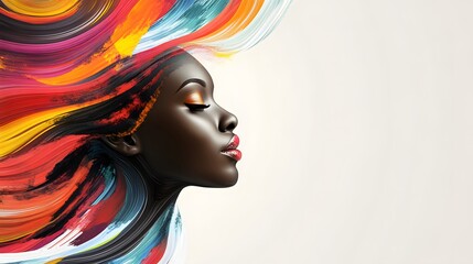 Naklejka premium A vibrant portrait showcasing a woman's profile, adorned with colorful, flowing hair, symbolizing beauty and creativity.