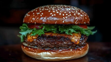 Juicy cheeseburger on sesame bun.